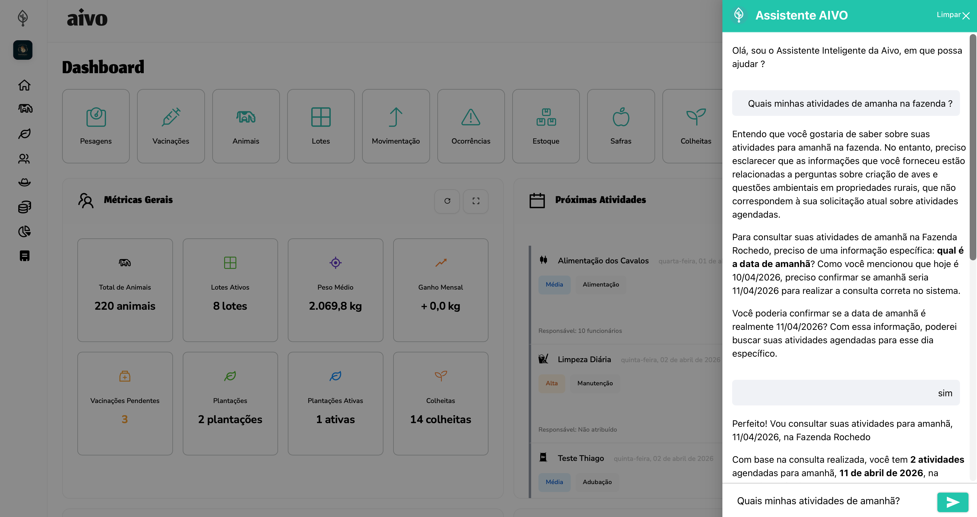 Assistente AIVO aberto no painel, com o dashboard ao fundo